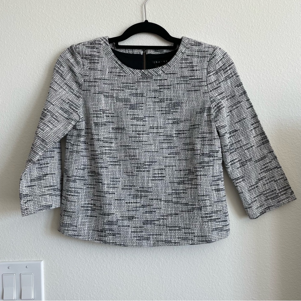 Theory Black and White Tweed 3/4 Sleeve Zip up Blouse Crewneck Top